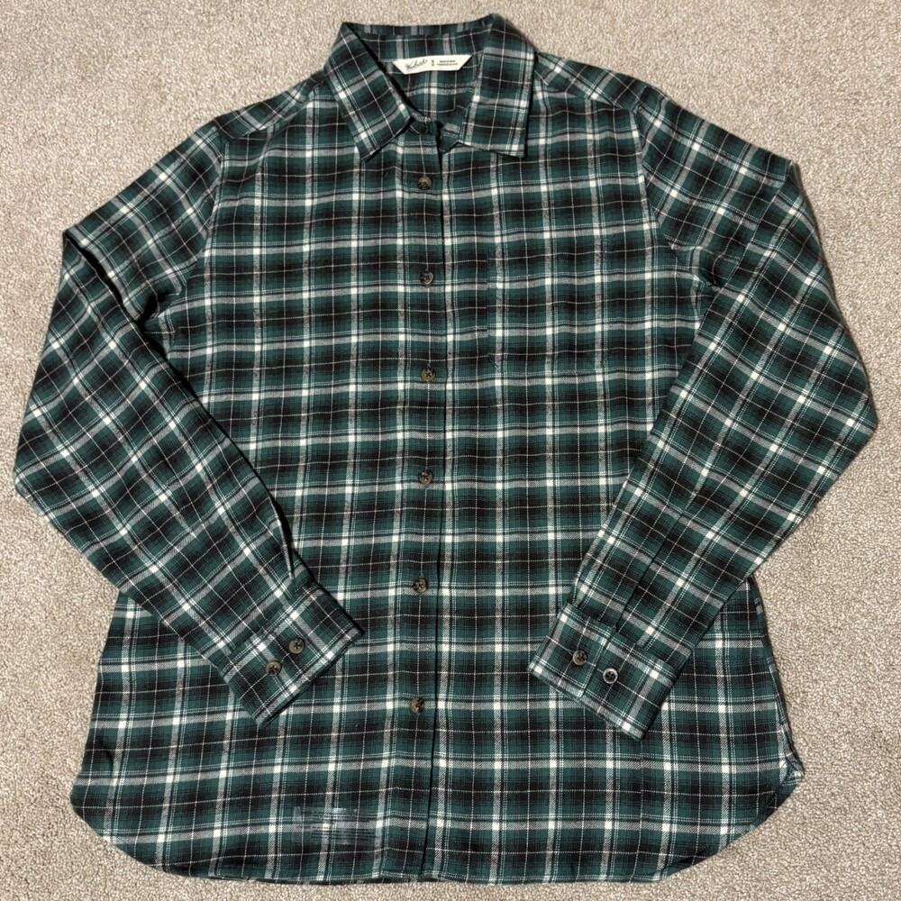 NWOT Woolrich Women’s M Green Plaid Flannel Shirt 100% Cotton Cargo Pocket
